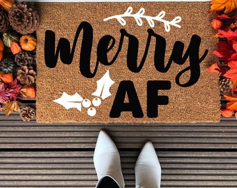 Christmas Merry Af Welcome Doormat, Holiday Front Porch Decor, Christmas Door Mat, Personalized Coir Mat, Winter Entry Rug