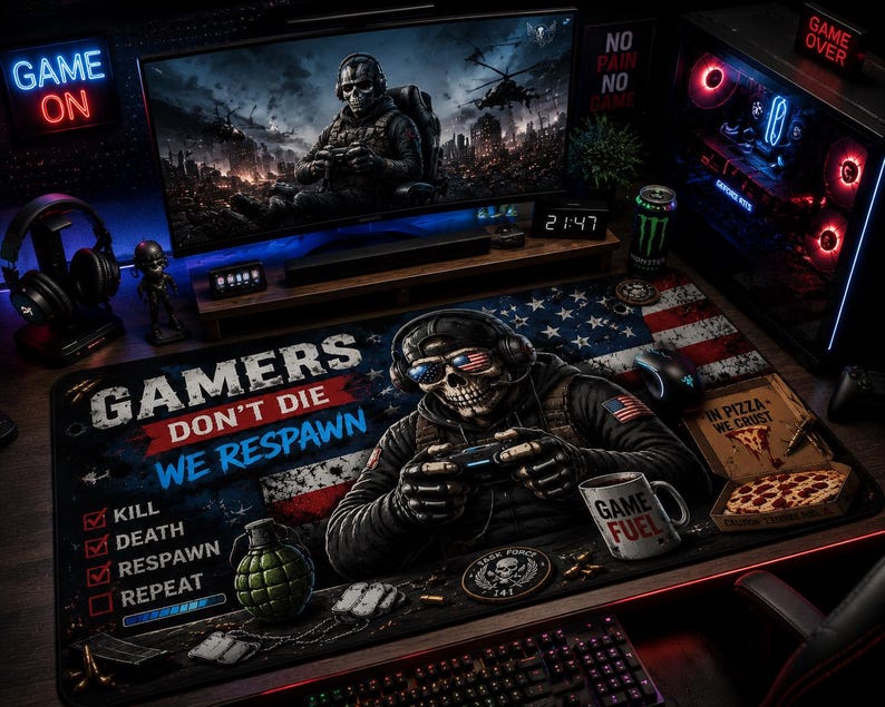 May include: Gaming setup featuring a large monitor displaying a war scene, a gaming PC, and a desk mat with a skull graphic wearing sunglasses and holding a controller. The mat reads "Gamers Don't Die, We Respawn."