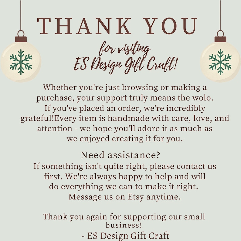 K&ouml;nnte beinhalten: Hellbeige Grafik mit dem Text "THANK YOU" und "for visiting ES Design Gift Craft!". Zwei dekorative Ornamente mit Schneeflocken befinden sich auf beiden Seiten des Textes. Der Text enth&auml;lt auch eine Dankesbotschaft.