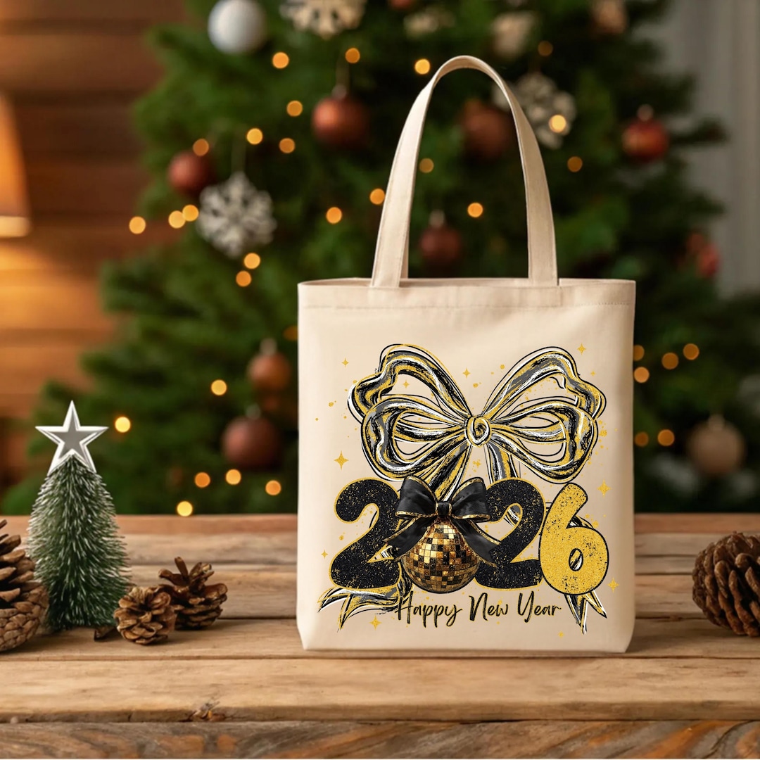 2026 Happy New Year Tote Bag, New Year Gift Bag, Glitter Gold Bow