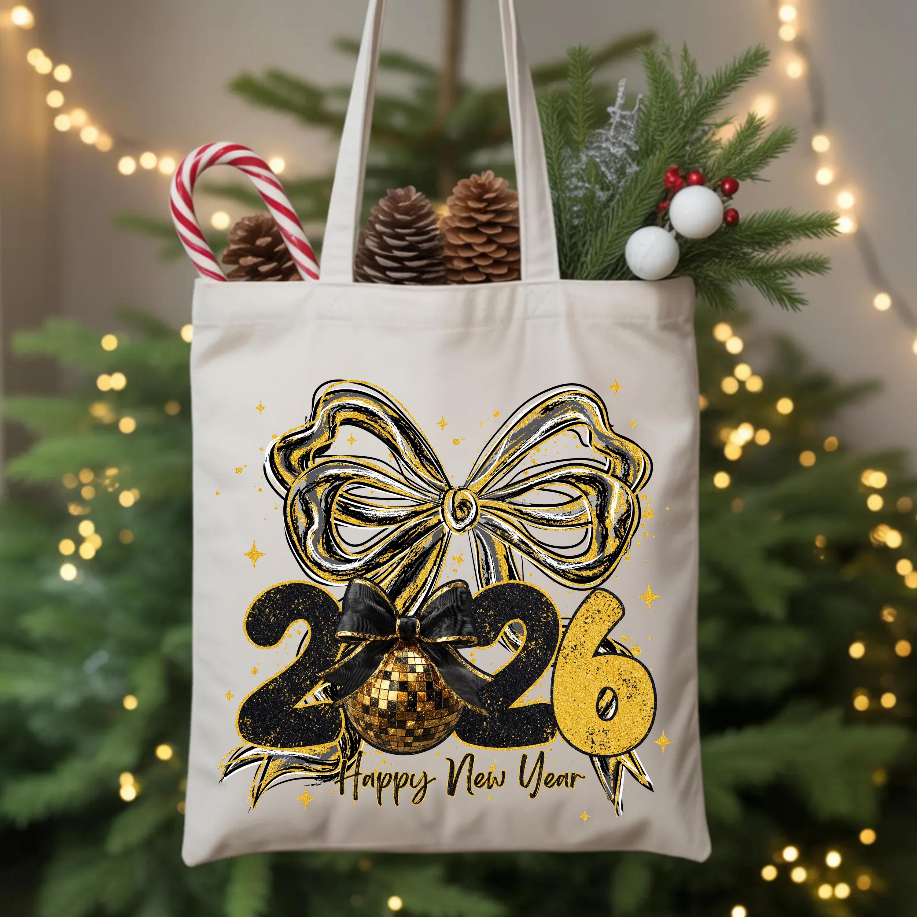 2026 Happy New Year Tote Bag, New Year Gift Bag, Glitter Gold Bow