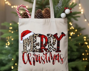 Bolsa de tela navideña con diseño de leopardo y cuadros / Bolsa de regalo navideña / Bolsa reutilizable festiva con gorro de Papá Noel / Regalo de Navidad para ella TT0008