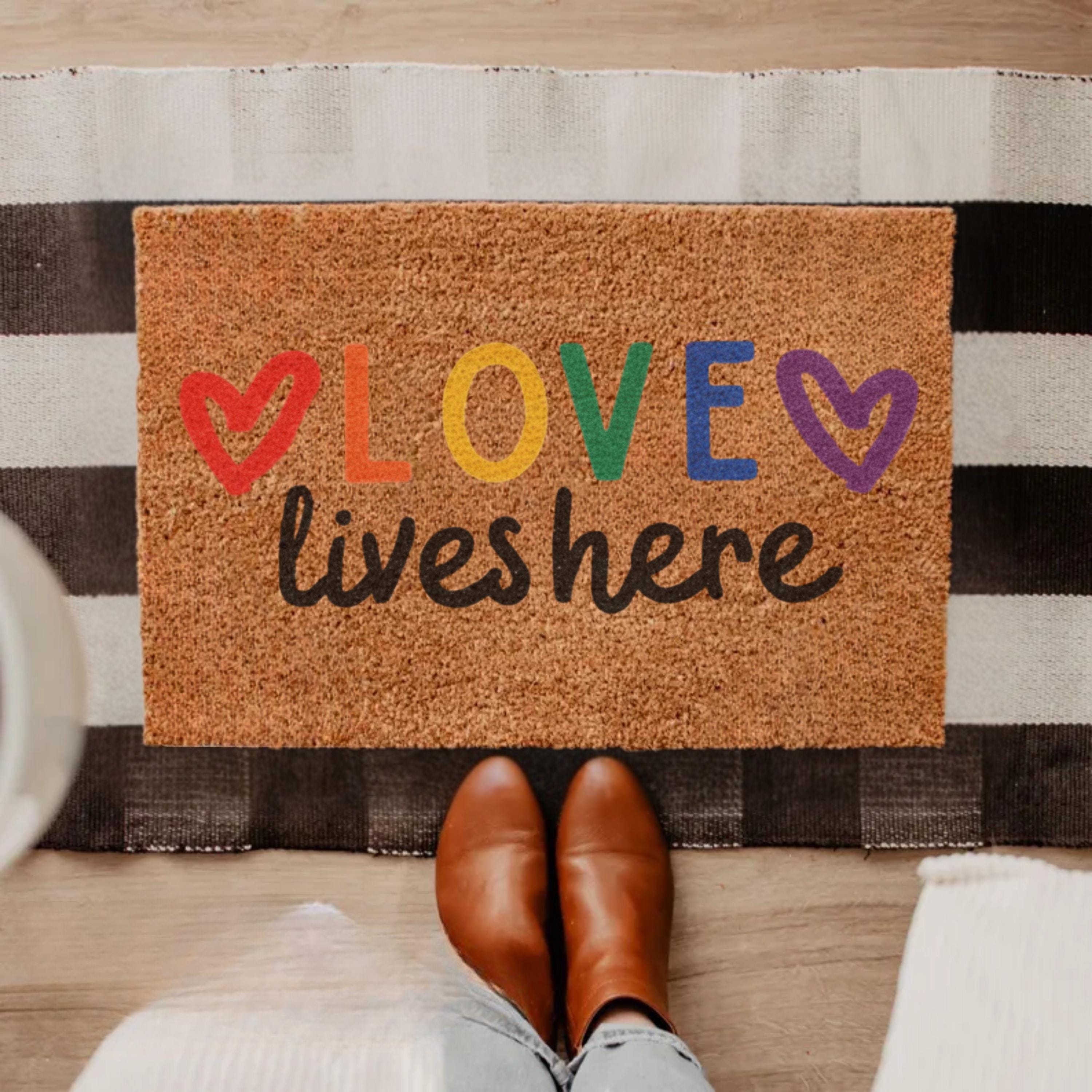 Discover Love Lives Here Doormat, Rainbow Heart Welcome Mat, LGBTQ Pride Door Mat, Housewarming Gift