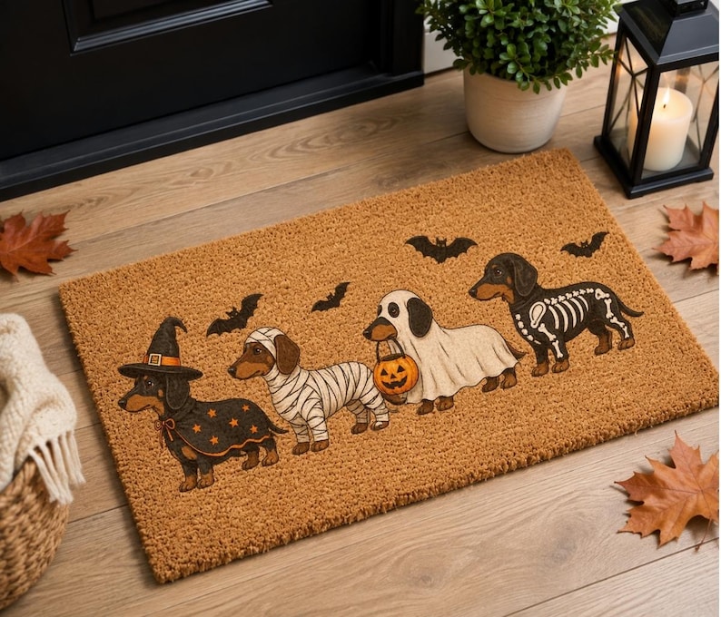 Puede incluir: Un felpudo rectangular de fibra de coco color canela con cuatro perros salchicha disfrazados de Halloween: de bruja, momia, fantasma con una calabaza y esqueleto. Sobre los perros hay siluetas de murci&eacute;lagos negros impresas.