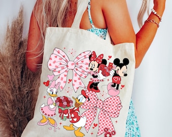 Disney Valentine Tote Bag, Mickey and Friends Cotton Canvas Bag Retro Minnie Mickey Valentine Gift, Eco Friendly Disney Shopping Bag