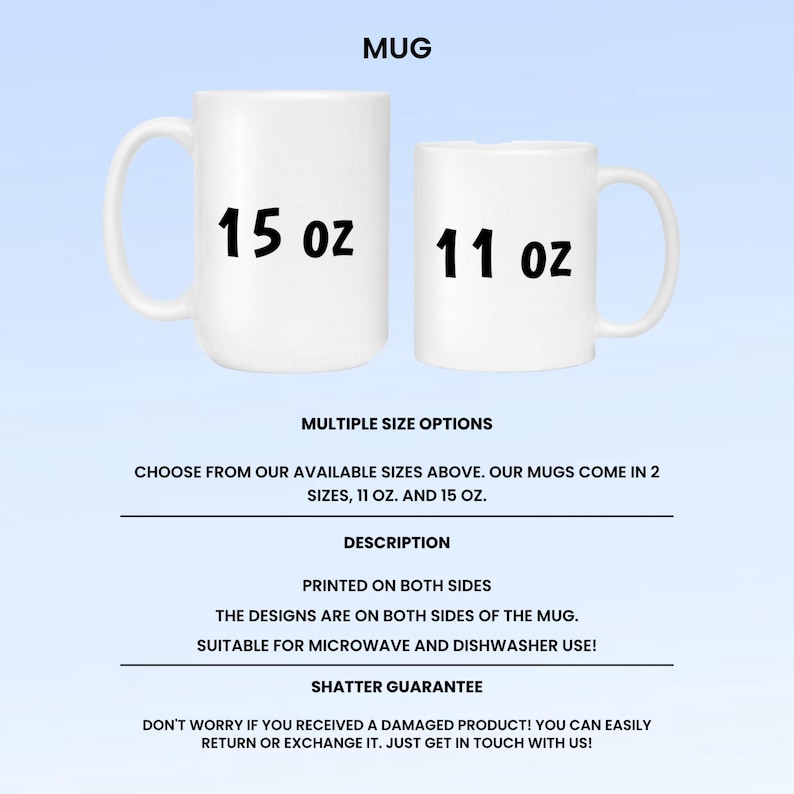 K&ouml;nnte beinhalten: Zwei wei&szlig;e Keramikbecher, einer mit der Aufschrift "15 oz" und der andere mit "11 oz". Das Bild enth&auml;lt Text, der besagt, dass die Becher in zwei Gr&ouml;&szlig;en erh&auml;ltlich sind, beidseitig bedruckt und f&uuml;r Mikrowelle und Geschirrsp&uuml;ler geeignet sind.