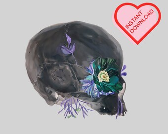 May include: A black and white skull with a teal flower and purple flowers on the side. The skull is painted in a realistic style. The background is a light grey.