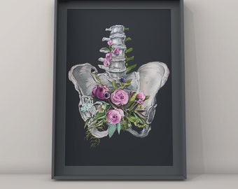 Large Scale Pelvis Wall Art - 16x20, 18x24, 24x36 Pelvic Floor with Flowers, Medical art print, Physical therapy gift, Pregnancy