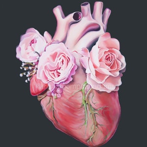 May include: A realistic painting of a human heart with pink roses and white flowers growing from it. The heart is red and the flowers are pink.