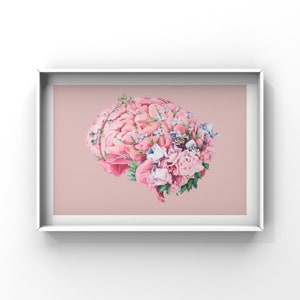 Floral Brain Pink Background Print of Oil Painting Anatomical Art Print Human Body Medical Art image 8