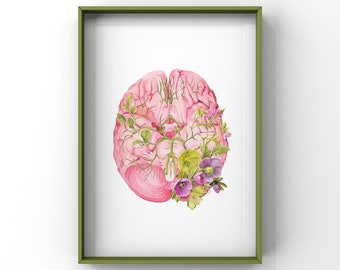 Floral Brain II White Background Print of Oil Painting - Anatomical Art Print - Human Body - Medical Art