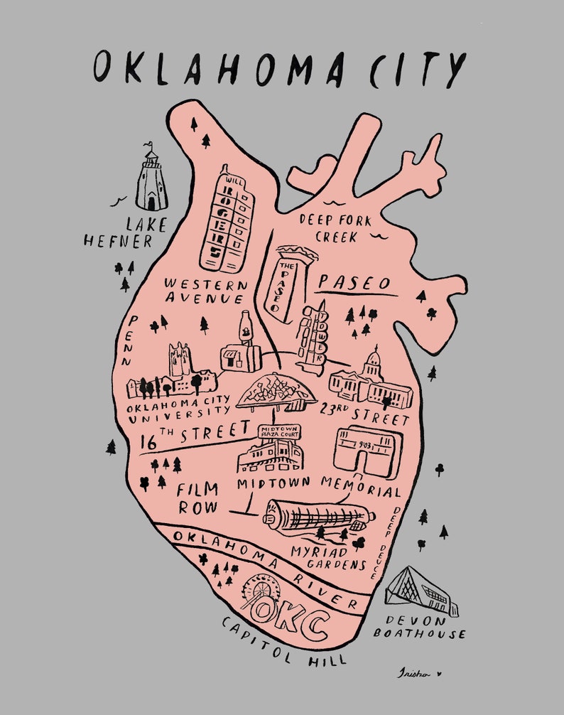 I Heart OKC Map - Anatomical Oklahoma City Art Print - Etsy