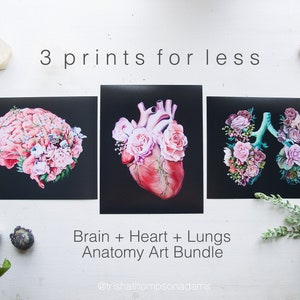 May include: Three anatomical prints of a brain, heart, and lungs, each with pink flowers on a black background. The text "Brain + Heart + Lungs Anatomy Art Bundle" is below the prints. The text "@trishathompsonadams" is below the bundle title.
