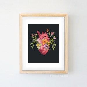May include: A digital illustration of a human heart with flowers and butterflies on a black background. The heart is red and the flowers are pink, yellow, and purple.