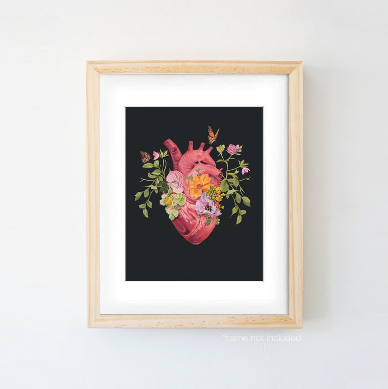 May include: A digital illustration of a human heart with flowers and butterflies on a black background. The heart is red and the flowers are pink, yellow, and purple.