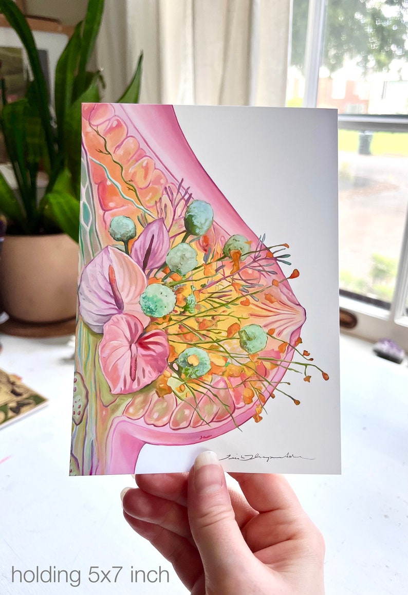 Puede incluir: Una pintura de acuarela rosa y verde de un pecho con flores. Las flores son una mezcla de rosa, verde y amarillo. La pintura est&aacute; firmada "Emily Brygman" en la esquina inferior derecha.