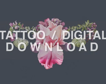 May include: A digital download of a floral tattoo design featuring a pink and white iris with green leaves and pink flowers. The text "TATTOO / DIGITAL DOWNLOAD" is displayed in white.