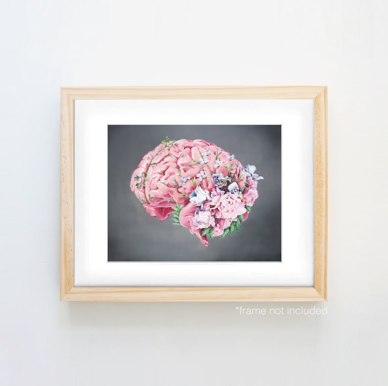 May include: A pink brain with a floral crown of pink, white, and purple flowers on a dark gray background.
