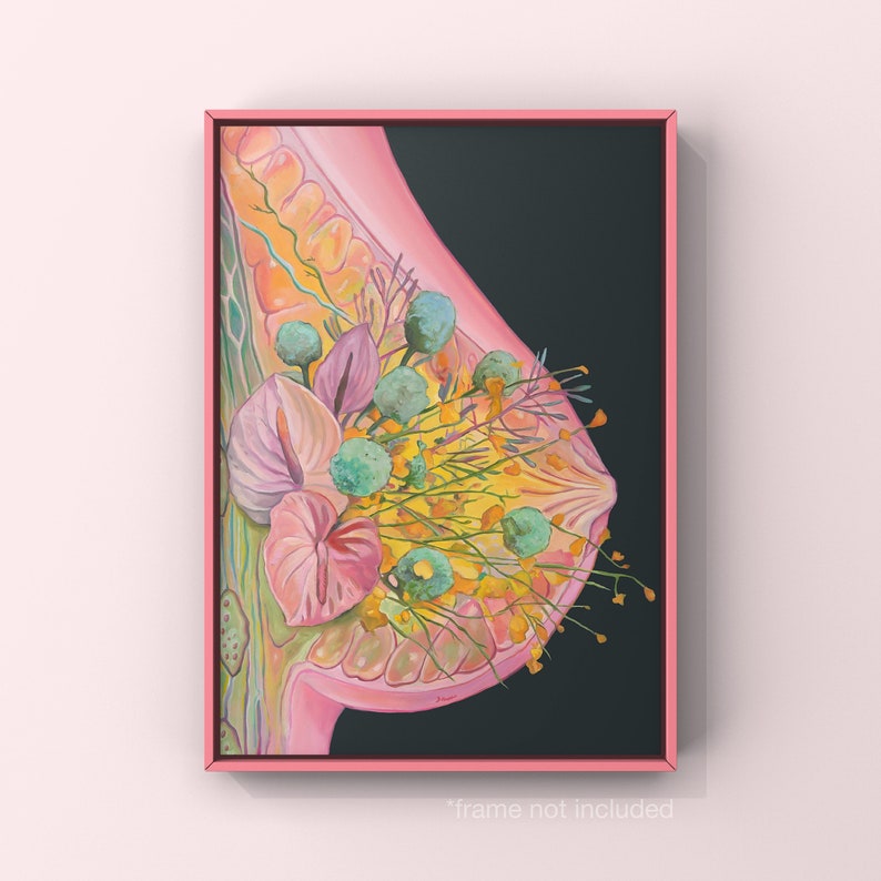 Puede incluir: Una pintura de un pecho rosado con un ramo de flores en el centro. Las flores son una mezcla de rosa, amarillo y verde. El fondo es verde oscuro.