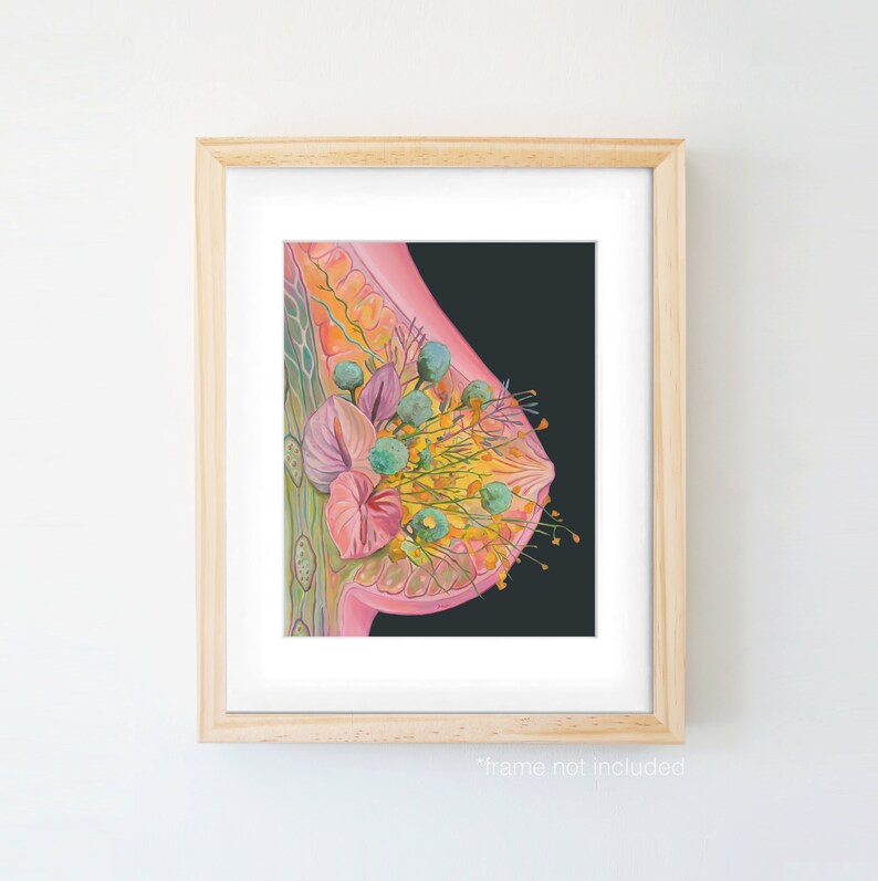 Puede incluir: Una ilustraci&oacute;n anat&oacute;mica de un pecho con flores y hojas que crecen de &eacute;l. El pecho es rosa y verde, y el fondo es negro.