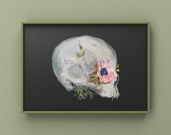 Floral Skull Dark Background Anatomy Print of Oil Painting - Anatomical Art Print - Human Body - Medical Art - Flower Skeleton - Clinic Art
