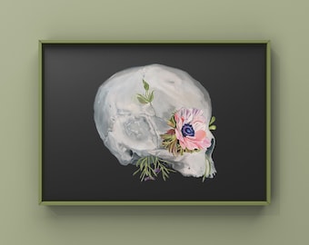 Cráneo floral Fondo oscuro Anatomía Impresión de pintura al óleo - Impresión de arte anatómico - Cuerpo humano - Arte médico - Esqueleto de flores - Arte clínico
