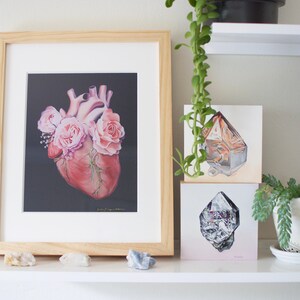 May include: A framed print of a realistic anatomical heart with pink roses growing from it, displayed on a shelf with two framed prints of crystals.