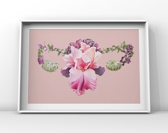 May include: A framed print of a pink iris flower with green leaves and purple flowers, arranged in the shape of a human uterus.