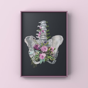 Impression d'art anatomique bassin floral - Plancher pelvien avec fleurs, Art mural médical, Cadeau de kinésithérapie, Grossesse, Anatomie humaine