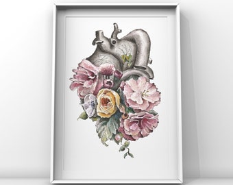 Floral Anatomy: Heart Print of Watercolor - Anatomical Art Print - Human Body - Medical Art - Clinical Wall Art - Nurse Gift