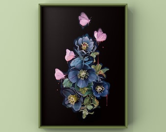 Blooderflies and Hellebores Print of Oil Painting - Dark Garden Floral Art