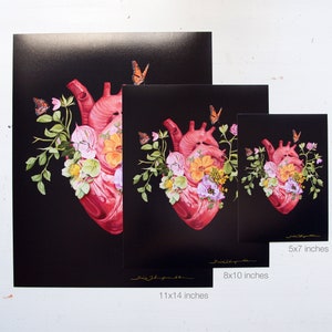 May include: A digital art print featuring a human heart adorned with flowers and butterflies. The heart is red, while the flowers are pink, yellow, and white. The butterflies are orange and black. The print is available in three sizes: 5x7 inches, 8x10 inches, and 11x14 inches.