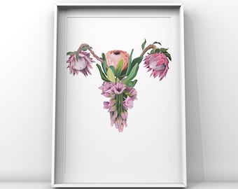 May include: A framed print of a stylized floral illustration depicting a uterus with pink and green flowers.