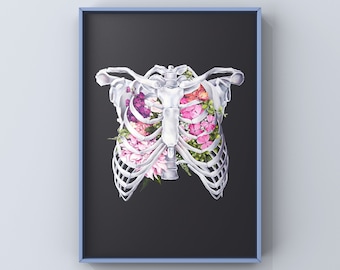 Floral Ribcage Thoracic Print of Oil Painting - Anatomical Art Print - Human Body - Medical Art - Anatomy Flowers
