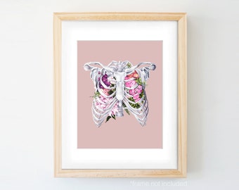 Floral Ribcage Pink Background Print of Oil Painting - Anatomical Art Print - Human Body - Medical Art