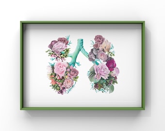 May include: A stylized illustration of a pair of lungs made of pink, white, and purple flowers. The flowers are arranged in a realistic way to resemble the shape of the lungs.