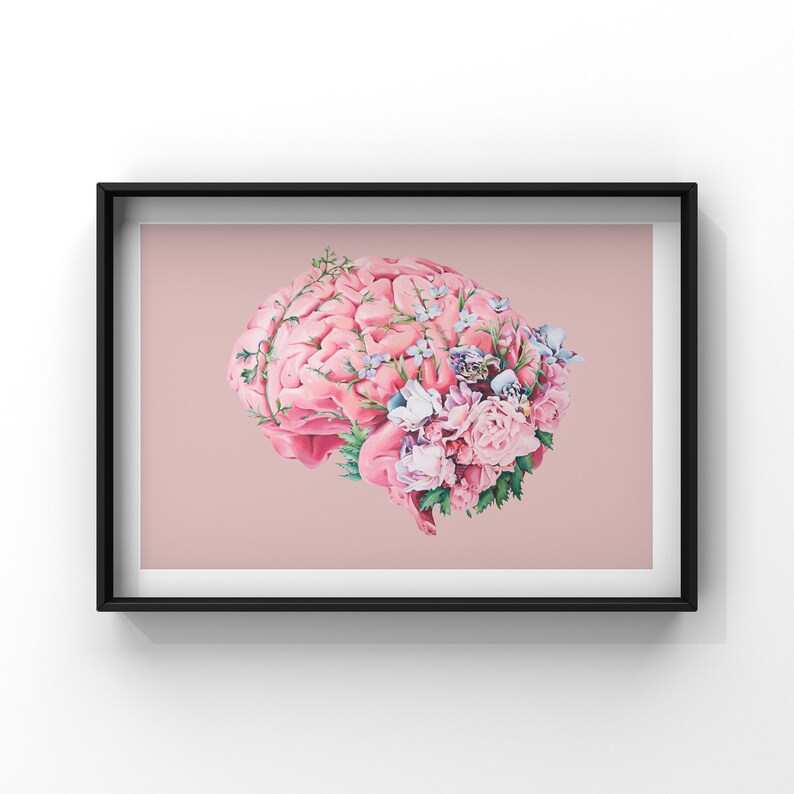 Floral Brain Pink Background Print of Oil Painting Anatomical Art Print Human Body Medical Art image 9