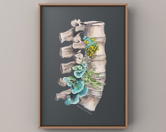 Floral Lumbar Spine Vertebrae Print of Oil Painting - Anatomical Art Print - Human Body - Medical Art - Chiropractic Gift