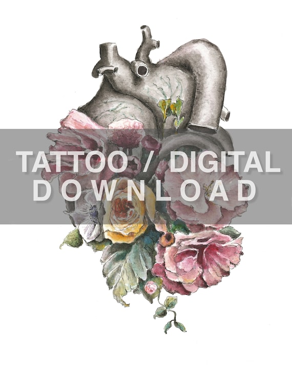 Cuore anatomico floreale cuore umano stampa tatuaggio vintage con cuore in  rose in fiore