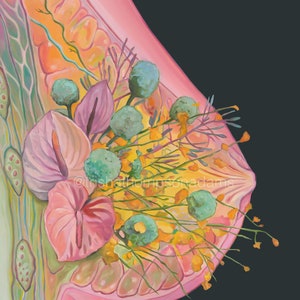 Puede incluir: Primer plano de un pecho rosado con un dise&ntilde;o floral. Las flores son una mezcla de rosa, morado, amarillo y verde. El dise&ntilde;o es intrincado y detallado. La firma del artista es visible en la esquina inferior derecha.