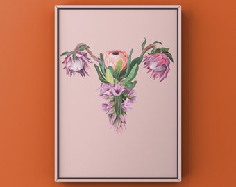 Floral Uterus II Pink Female Anatomy Wall Art Print  - Anatomical Womb Art - OBGYN - Doula Gift - Pregnancy Art - Fertility