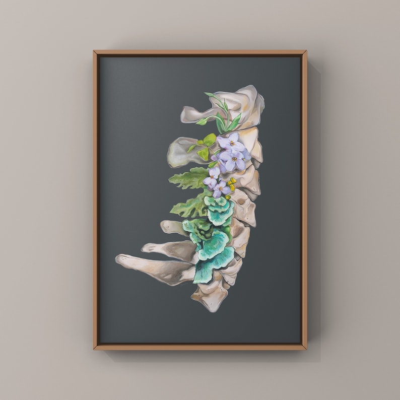 Floral Cervical Spine Vertebrae Print of Oil Painting Anatomical Art Print Human Body Medical Art image 1