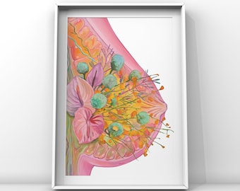 Floral Breast Fine Art Print : Anatomical Wall Decor | Medical Poster | Breastfeeding Gift