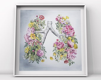 May include: A watercolor painting of a pair of lungs made of flowers. The flowers are pink, white, and yellow. The lungs are surrounded by a light blue background.