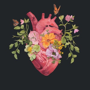 May include: A pink anatomical heart with a variety of flowers and butterflies growing from it. The flowers are pink, yellow, white, and orange. The butterflies are orange and black.