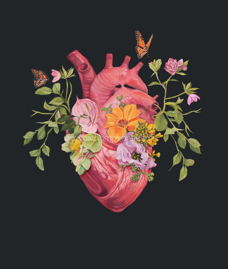 May include: A pink anatomical heart with a variety of flowers and butterflies growing from it. The flowers are pink, yellow, white, and orange. The butterflies are orange and black.