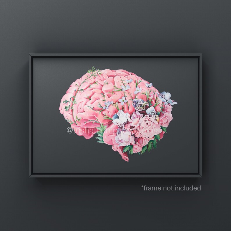 May include: A pink human brain with a floral arrangement of pink, white, and purple flowers. The flowers are arranged around the brain, covering the top and sides. The brain is painted in a realistic style, with detailed folds and wrinkles. The flowers are painted in a more stylized way, with soft, rounded petals.