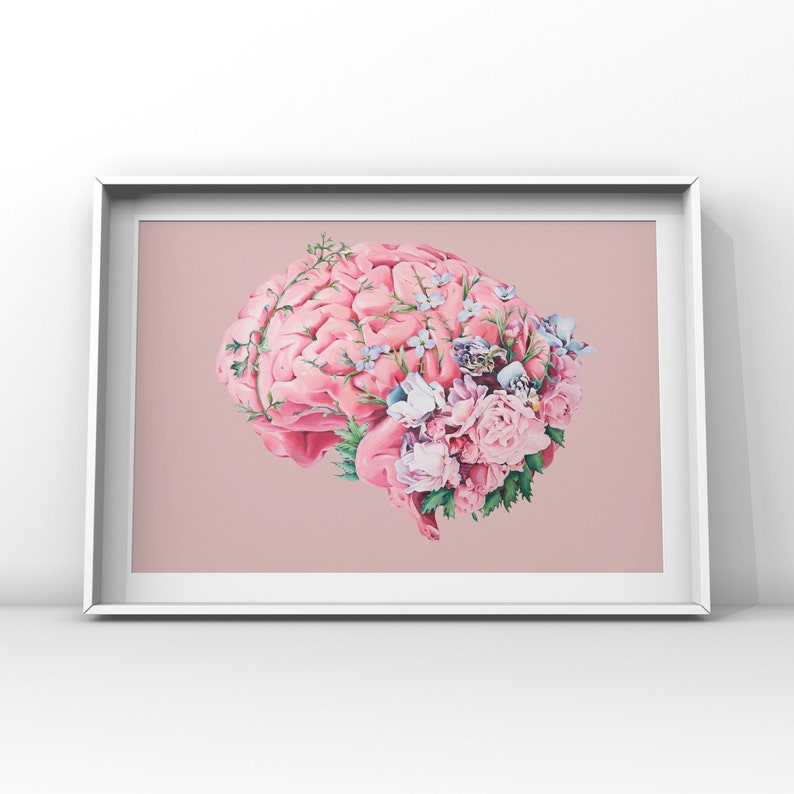 Floral Brain Pink Background Print of Oil Painting Anatomical Art Print Human Body Medical Art image 4