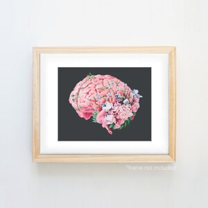 May include: A pink brain with a floral crown of pink, white, and purple flowers on a black background.
