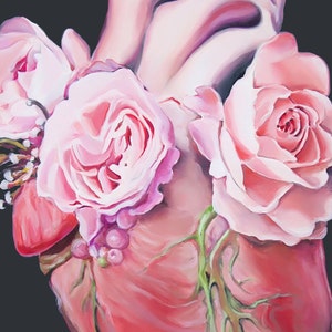 May include: A painting of a human heart with pink roses and green vines growing from it. The heart is painted in a realistic style, with visible veins and arteries. The roses are in full bloom, with delicate petals and a soft pink hue.